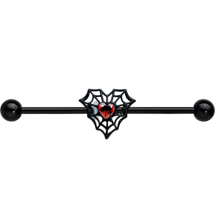 14G Red Gem Black Spider Heart Web Industrial Barbell 38mm