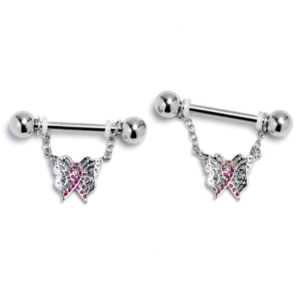14G 9/16 Butterfly Beauty In Flight Chain Dangle Nipple Ring Set