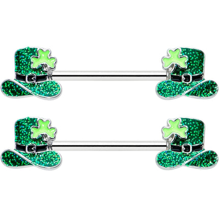 14G 9/16 Glitter Top Hat Shamrock Barbell Nipple Ring Set