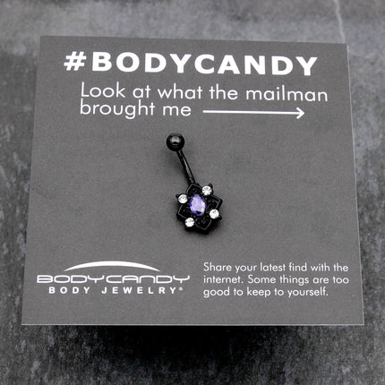 Purple Clear Gem Black Scrolling Hearts Belly Ring