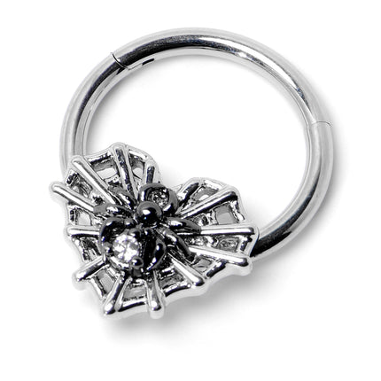 16G 3/8 Clear CZ Gem Heart of Spider Hinged Segment Ring