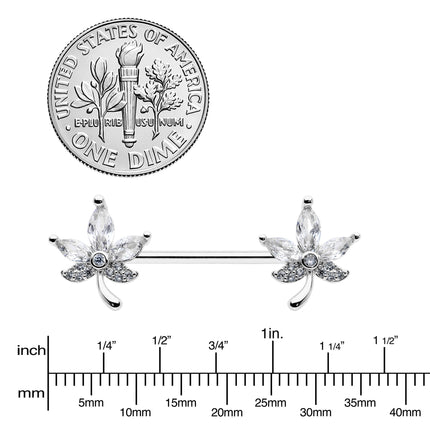 14G 3/4 Clear CZ Gem Pot Leaf Barbell Nipple Ring Set