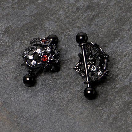 14G 9/16 Red Clear CZ Gem Black Floral Heart Nipple Shield Set