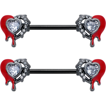14G 9/16 Clear Gem Black Bleeding Heart Barbell Nipple Ring Set