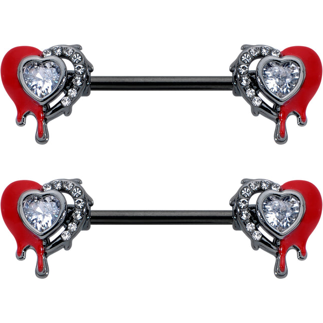 14G 9/16 Clear Gem Black Bleeding Heart Barbell Nipple Ring Set