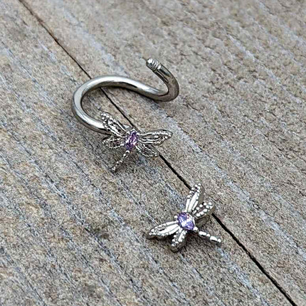 Purple CZ Gem Open Dragonfly Spiral Twister Belly Ring