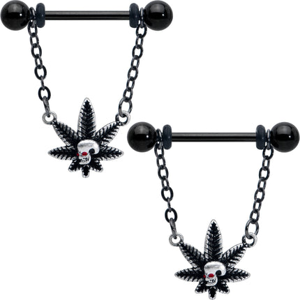 14G 9/16 Red Gem Black Pot Leaf Skull Chain Dangle Nipple Ring Set