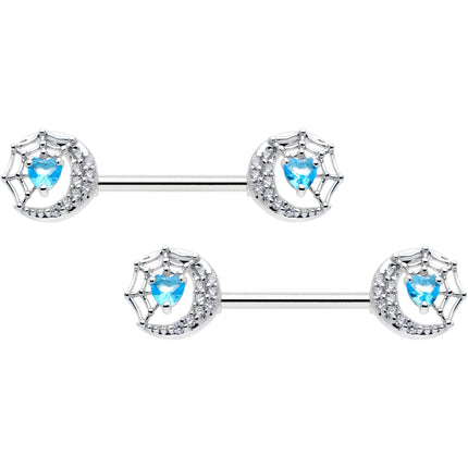 14G 9/16 Blue CZ Gem Heart Web Moon Barbell Nipple Ring Set