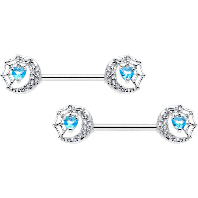 14G 9/16 Blue CZ Gem Heart Web Moon Barbell Nipple Ring Set