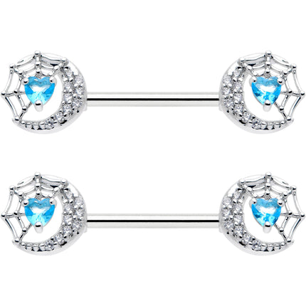 14G 9/16 Blue CZ Gem Heart Web Moon Barbell Nipple Ring Set