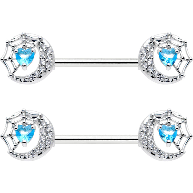 14G 9/16 Blue CZ Gem Heart Web Moon Barbell Nipple Ring Set
