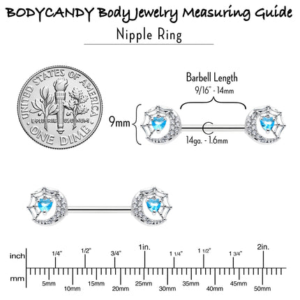 14G 9/16 Blue CZ Gem Heart Web Moon Barbell Nipple Ring Set
