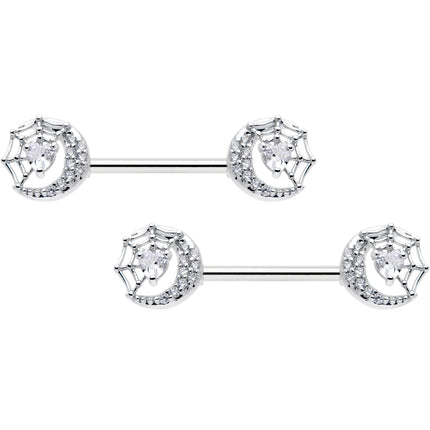 14G 9/16 Clear CZ Gem Heart Web Moon Barbell Nipple Ring Set