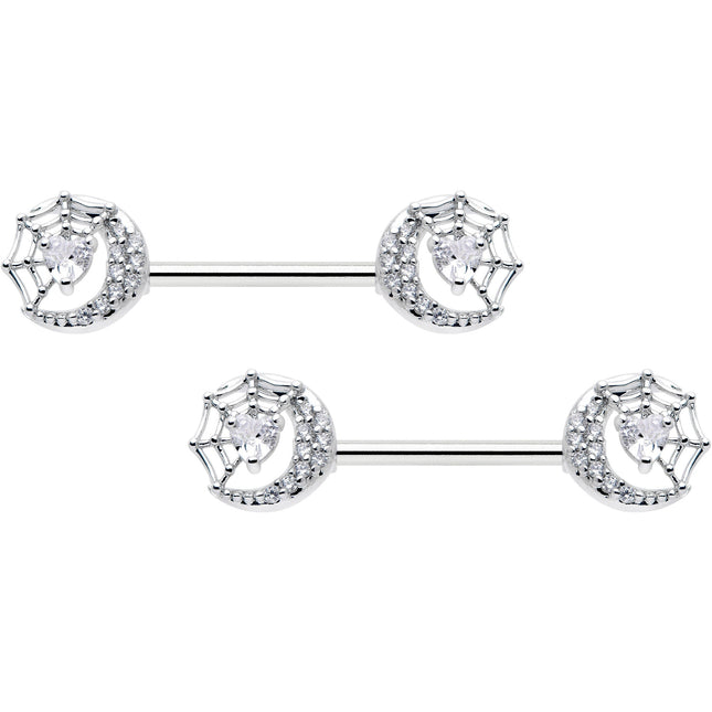 14G 9/16 Clear CZ Gem Heart Web Moon Barbell Nipple Ring Set
