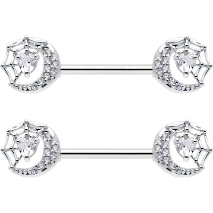 14G 9/16 Clear CZ Gem Heart Web Moon Barbell Nipple Ring Set