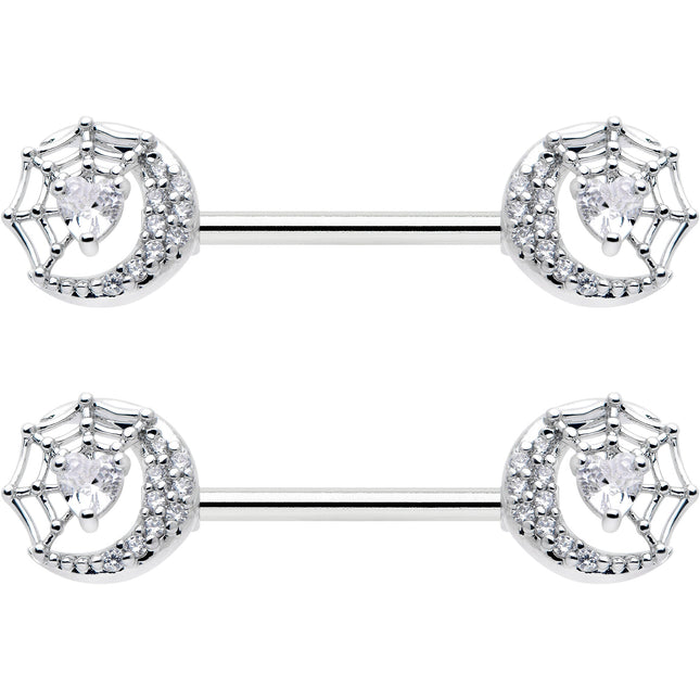 14G 9/16 Clear CZ Gem Heart Web Moon Barbell Nipple Ring Set