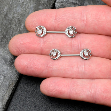 14G 9/16 Clear CZ Gem Heart Web Moon Barbell Nipple Ring Set
