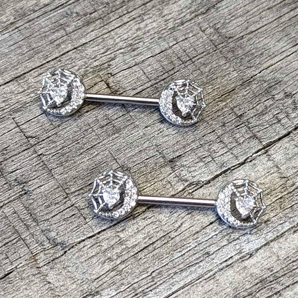 14G 9/16 Clear CZ Gem Heart Web Moon Barbell Nipple Ring Set