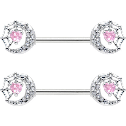 14G 9/16 Pink CZ Gem Heart Web Moon Barbell Nipple Ring Set