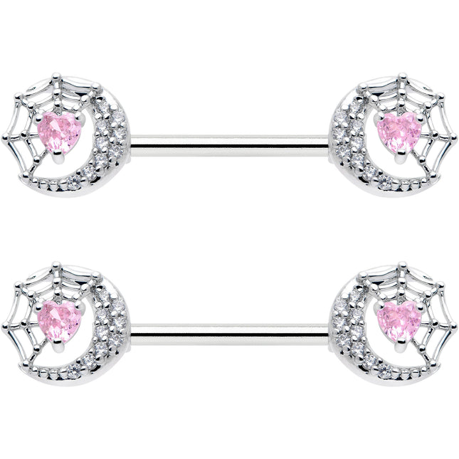 14G 9/16 Pink CZ Gem Heart Web Moon Barbell Nipple Ring Set