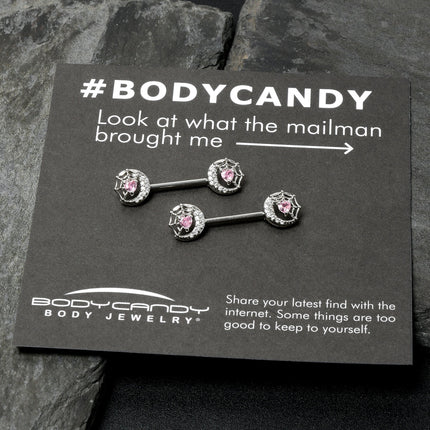 14G 9/16 Pink CZ Gem Heart Web Moon Barbell Nipple Ring Set