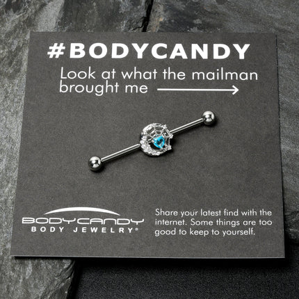 14G Blue CZ Gem Heart Web Moon Industrial Barbell 38mm