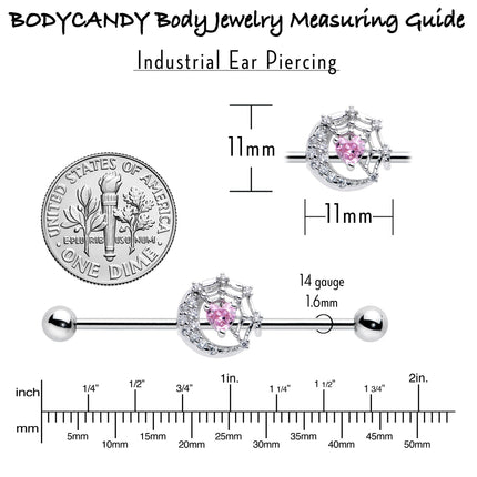 14G Pink CZ Gem Heart Web Moon Industrial Barbell 38mm