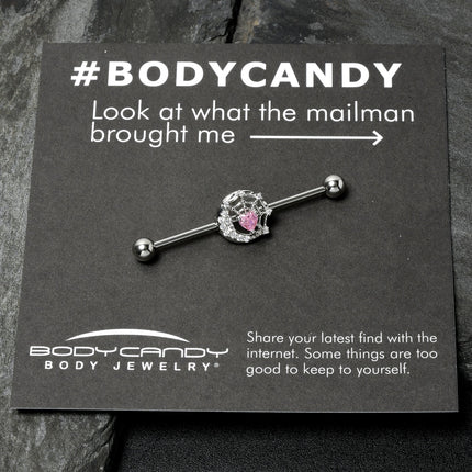 14G Pink CZ Gem Heart Web Moon Industrial Barbell 38mm