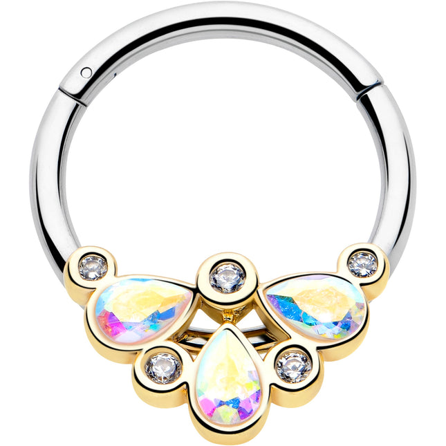 16G 3/8 Aurora Gem Golden Crown Deluxe Hinged Segment Ring