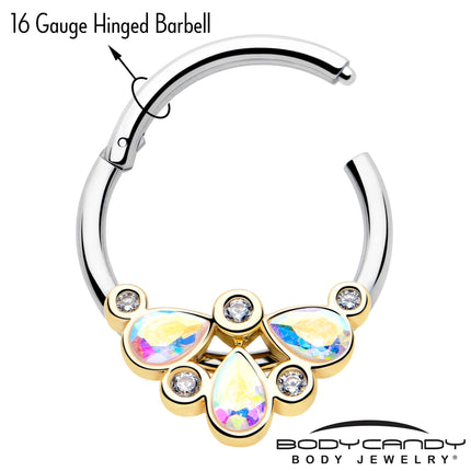 16G 3/8 Aurora Gem Golden Crown Deluxe Hinged Segment Ring