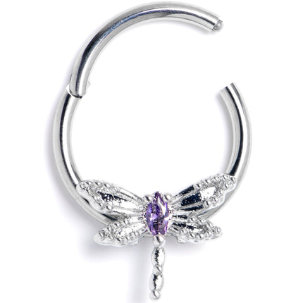 16G 3/8 Purple Gem Texture Dragonfly Hinged Segment Ring