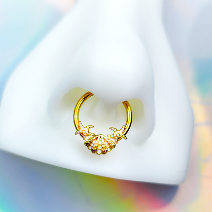 16G 3/8 Gold Tone Luxe Sea Shell Glam Starfish Hinged Segment RIng