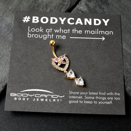 Clear Pink CZ Gem Gold Tone Heart Butterfly Double Dangle Belly Ring