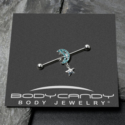 14G Blue CZ Gem Moon Dangle Star Industrial Barbell 38mm