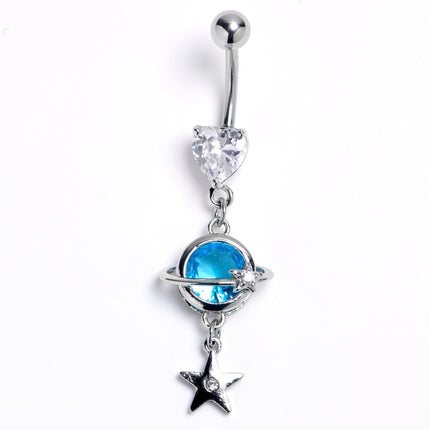 Clear Blue Gem Heart Saturn Star Dangle Belly Ring