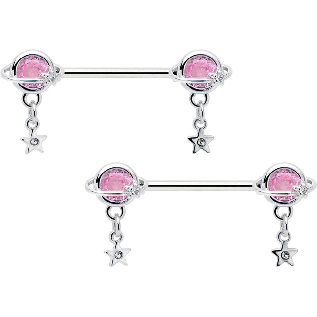 14G 9/16 Pink CZ Gem Starry Saturn Dangle Nipple Ring Set
