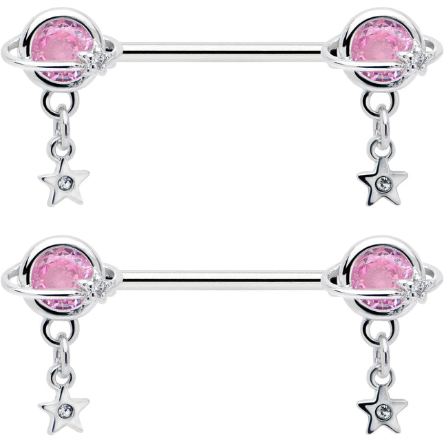 14G 9/16 Pink CZ Gem Starry Saturn Dangle Nipple Ring Set