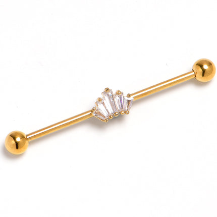 14G Clear CZ Gem Gold Tone Regal Rectangles Industrial Barbell 38mm