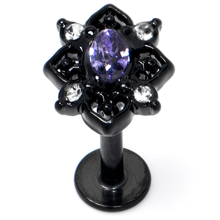 16G 5/16 Purple Gem Black Scrolling Hearts Labret Monroe Tragus
