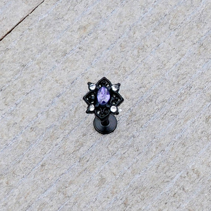 16G 5/16 Purple Gem Black Scrolling Hearts Labret Monroe Tragus