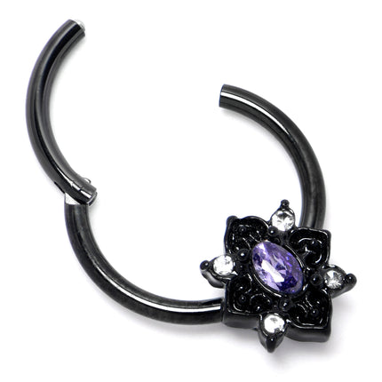 16G 3/8 Purple Gem Black Scrolling Hearts Hinged Segment Ring