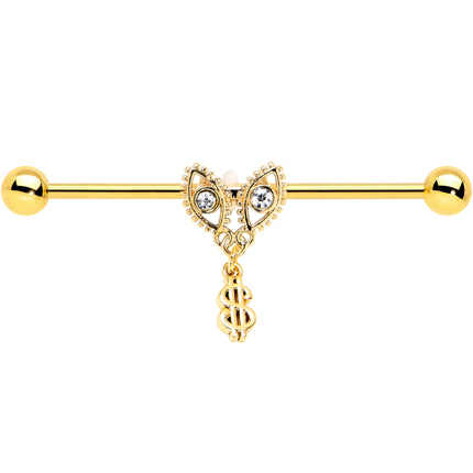 14G Clear Gem Gold Hue Seeing Money Dangle Industrial Barbell 38mm