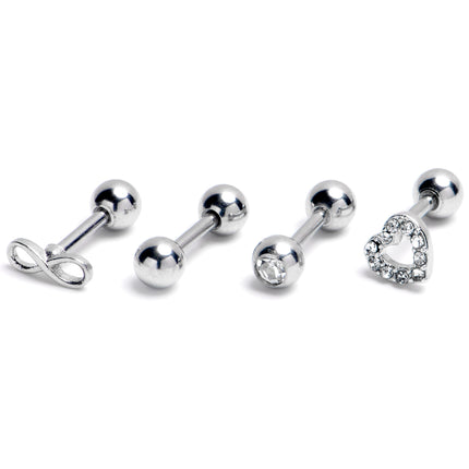 16G 1/4 Clear Gem Heart Infinity Sign Cartilage Earring Curation Set of 4