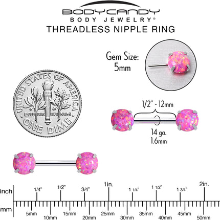14G 1/2 Pink Synthetic Opal Threadless Barbell Nipple Ring Set