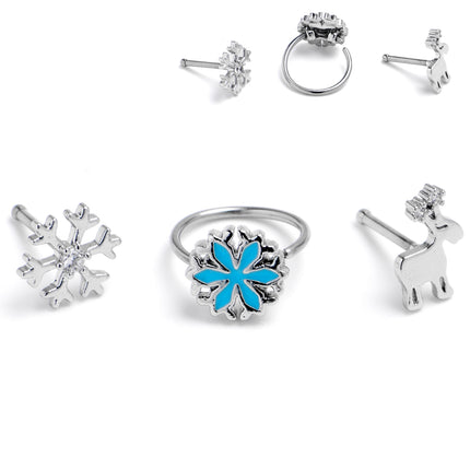 20G 1/4 Clear Gem Holiday Snowflakes Blue Nose Bone Hoop Set of 3