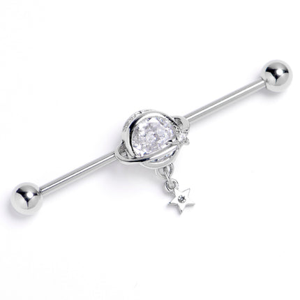 14G Clear Gem Starry Saturn Dangle Industrial Barbell 38mm