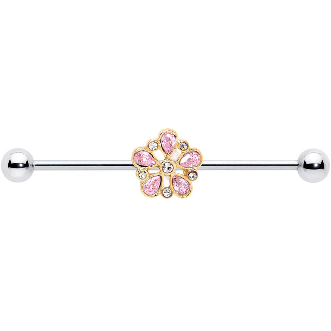 14G Pink Gem Filigree Flower Fantasy Industrial Barbell 38mm