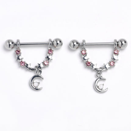 14G 9/16 Pink Clear Gem Crescent Moon Stars Dangle Nipple Ring Set
