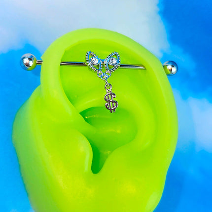 14G Clear Gem Seeing Money Dangle Industrial Barbell 38mm