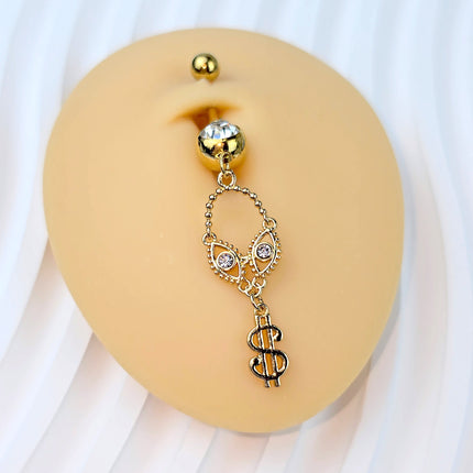 Clear Gem Gold Tone Seeing Money Dangle Belly Ring